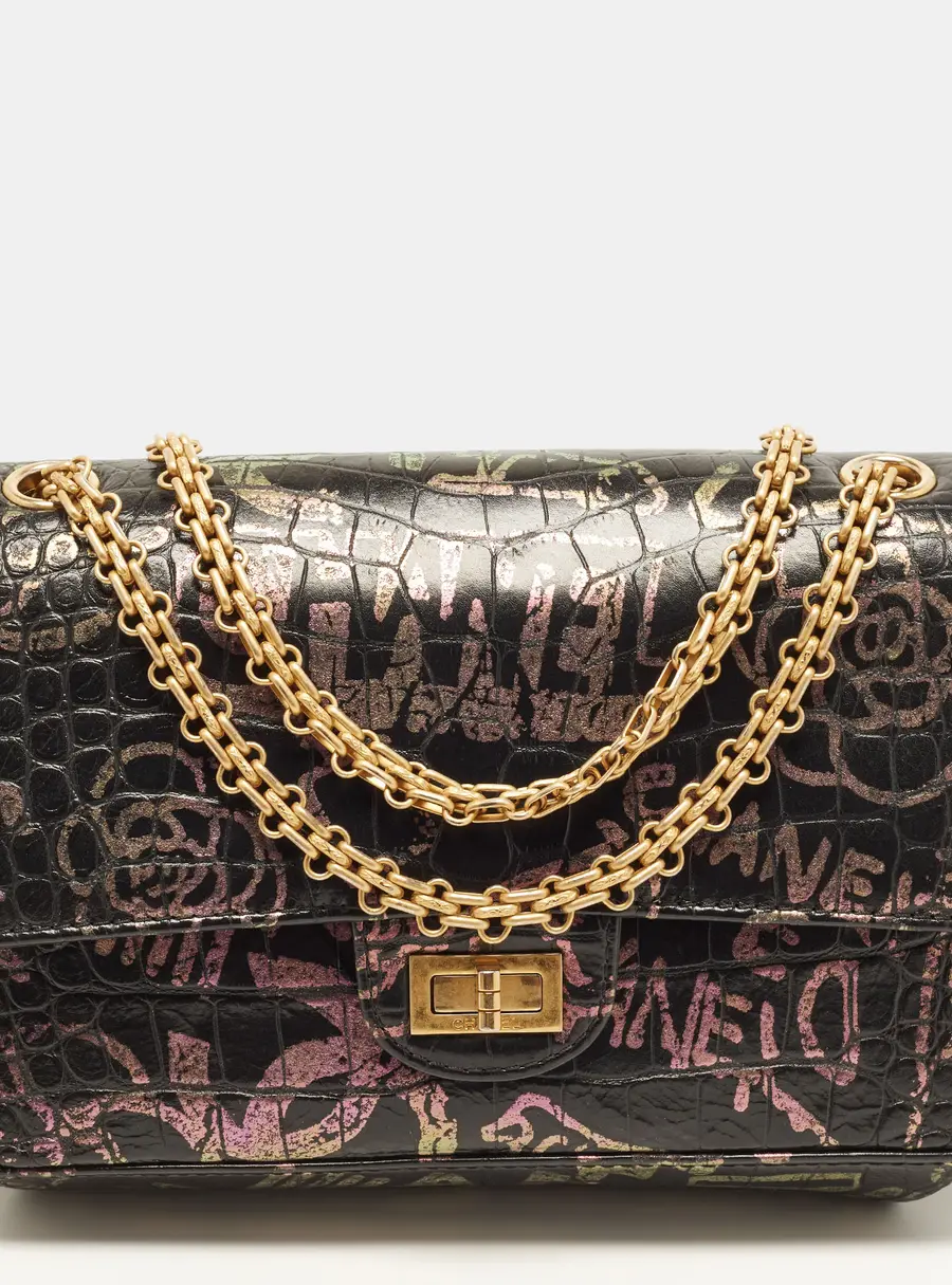 Chanel Reissue 2.55 Graffiti Print 225 Black Croc Embossed Leather Bag