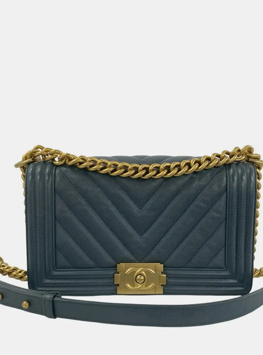 Chanel Boy Medium Blue Grained Calfskin Leather Shoulder Bag