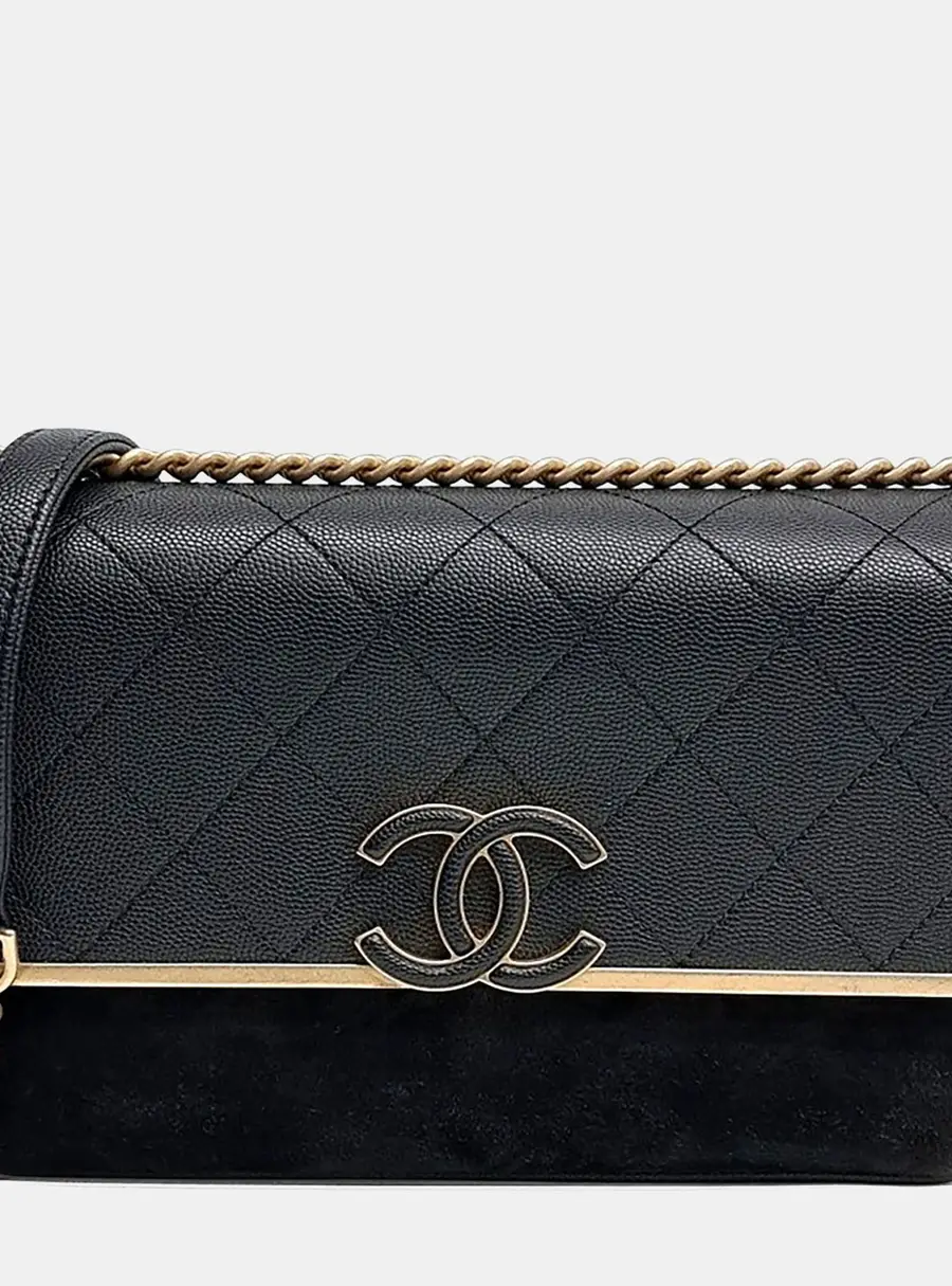 Chanel Small Black Caviar Leather Suede Flap Bag