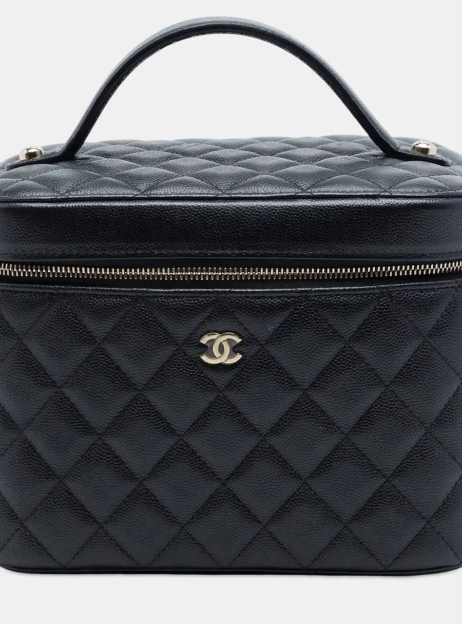 Chanel CC Quilted Vanity Case Medium Black Caviar Leather Top Handle Bag