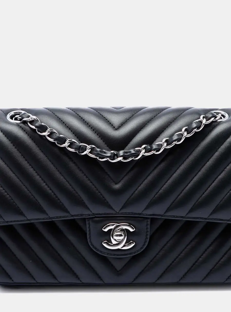 Chanel Classic Chevron Medium Black Lambskin Flap Bag