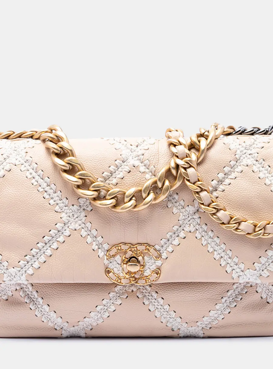 Chanel 19 Large Beige Calfskin Crochet Shoulder Bag