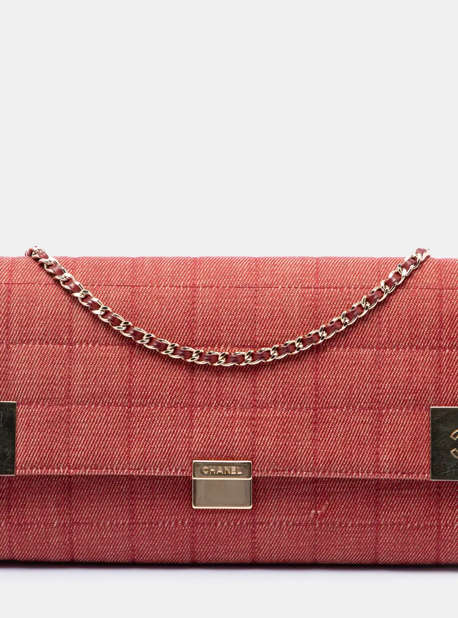 Chanel Red Chanel CC Choco Bar Red Denim Chain Flap Shoulder Bag