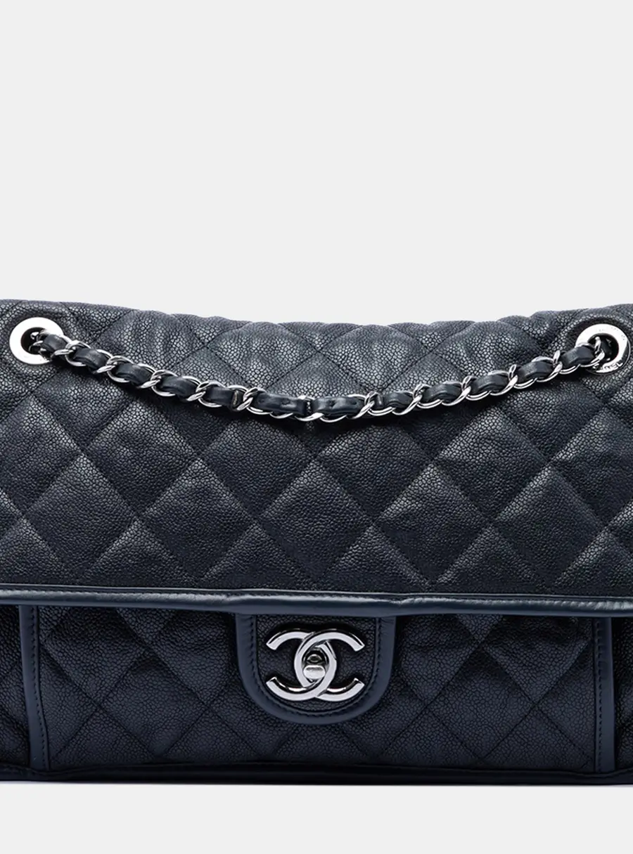 Chanel French Riviera Flap Medium Navy Quilted Caviar Leather Shoulder Bag