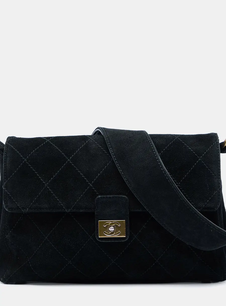 Chanel CC Quilted Suede Wild Stitch Flap Medium Black Suede Shoulder Bag