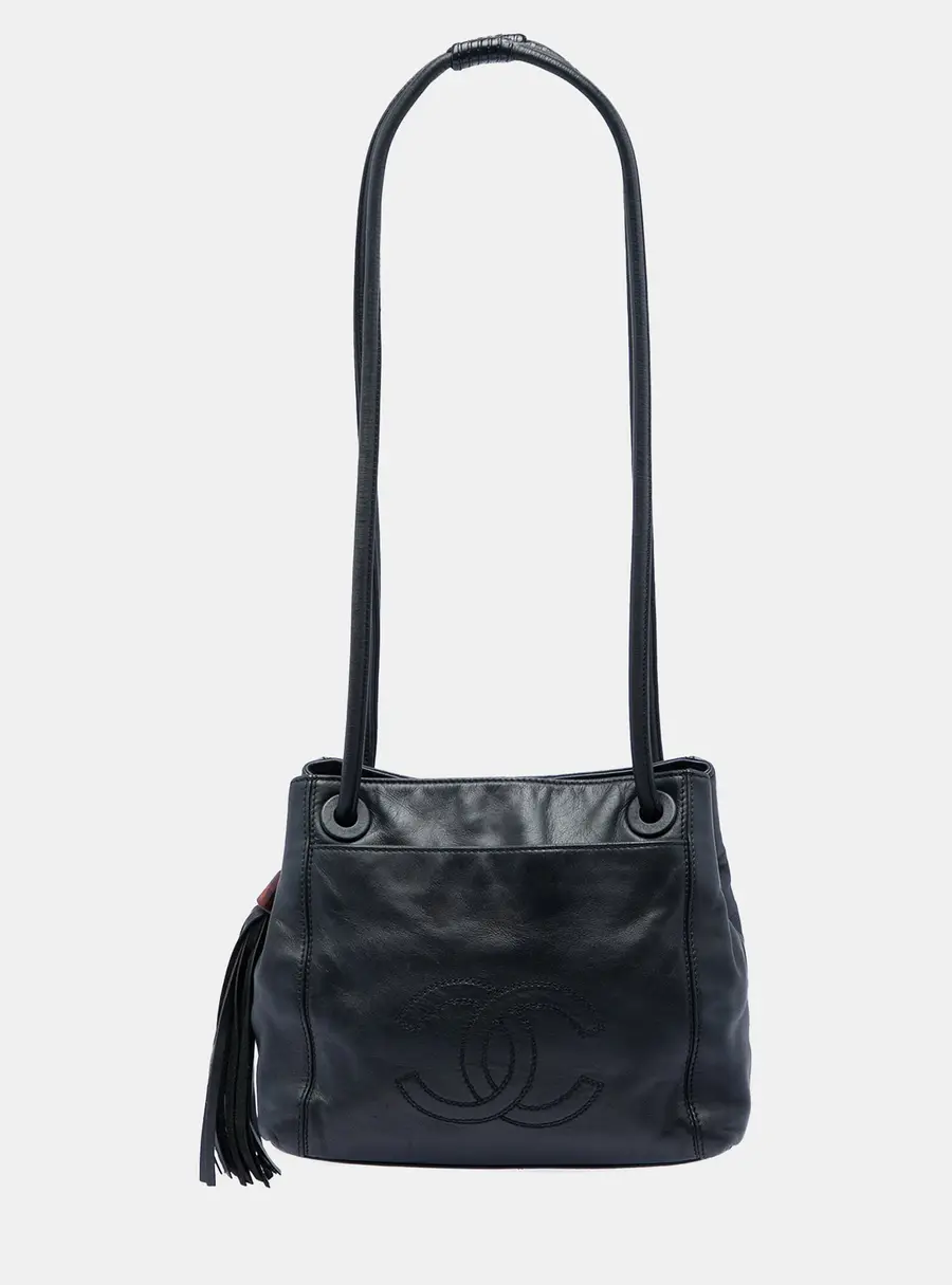 Chanel CC Vintage Black Lambskin Leather Shoulder Bag