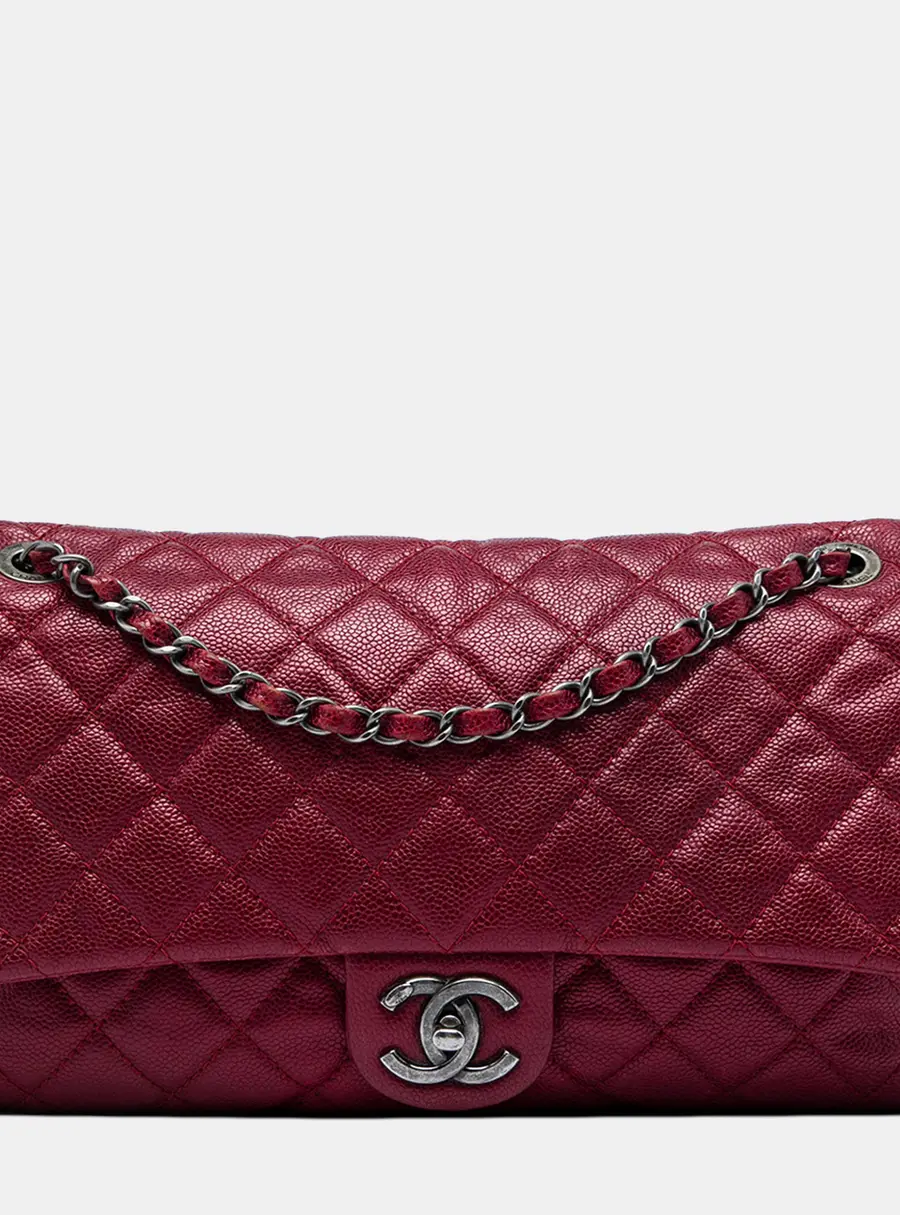 Chanel Jumbo Easy Flap Red Quilted Iridescent Caviar Leather Shoulder Bag