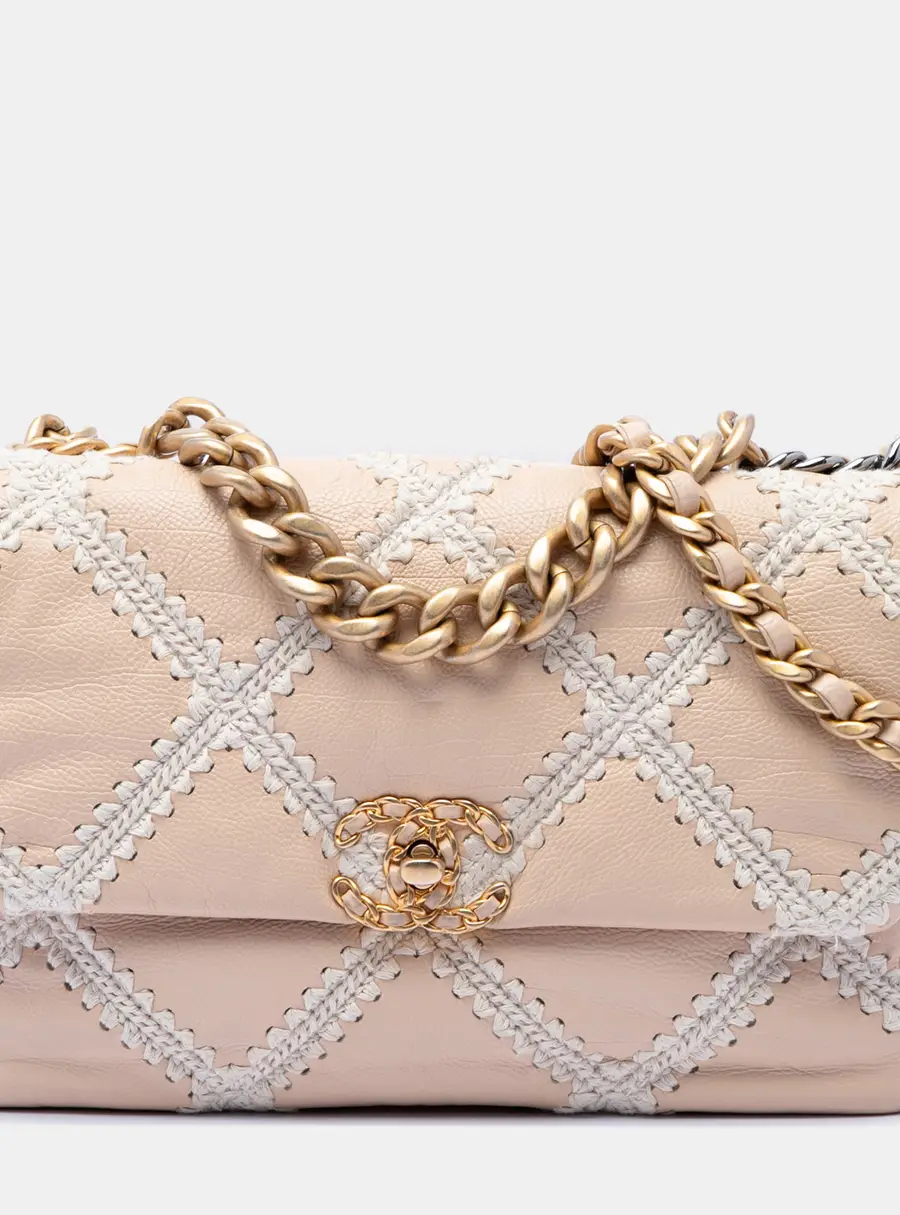 Chanel 19 Large Beige Calfskin Crochet Shoulder Bag