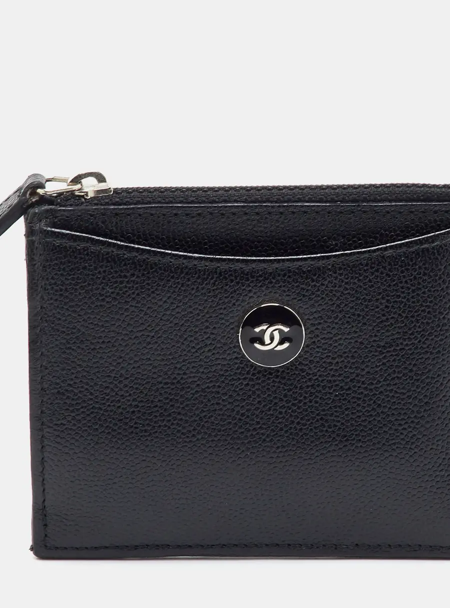 Chanel CC Button Black Caviar Leather Zip Card Case