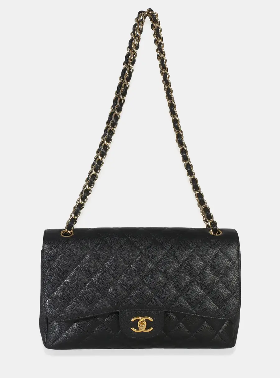 Chanel Classic Jumbo Black Quilted Caviar Leather Double Flap Shoulder Bag
