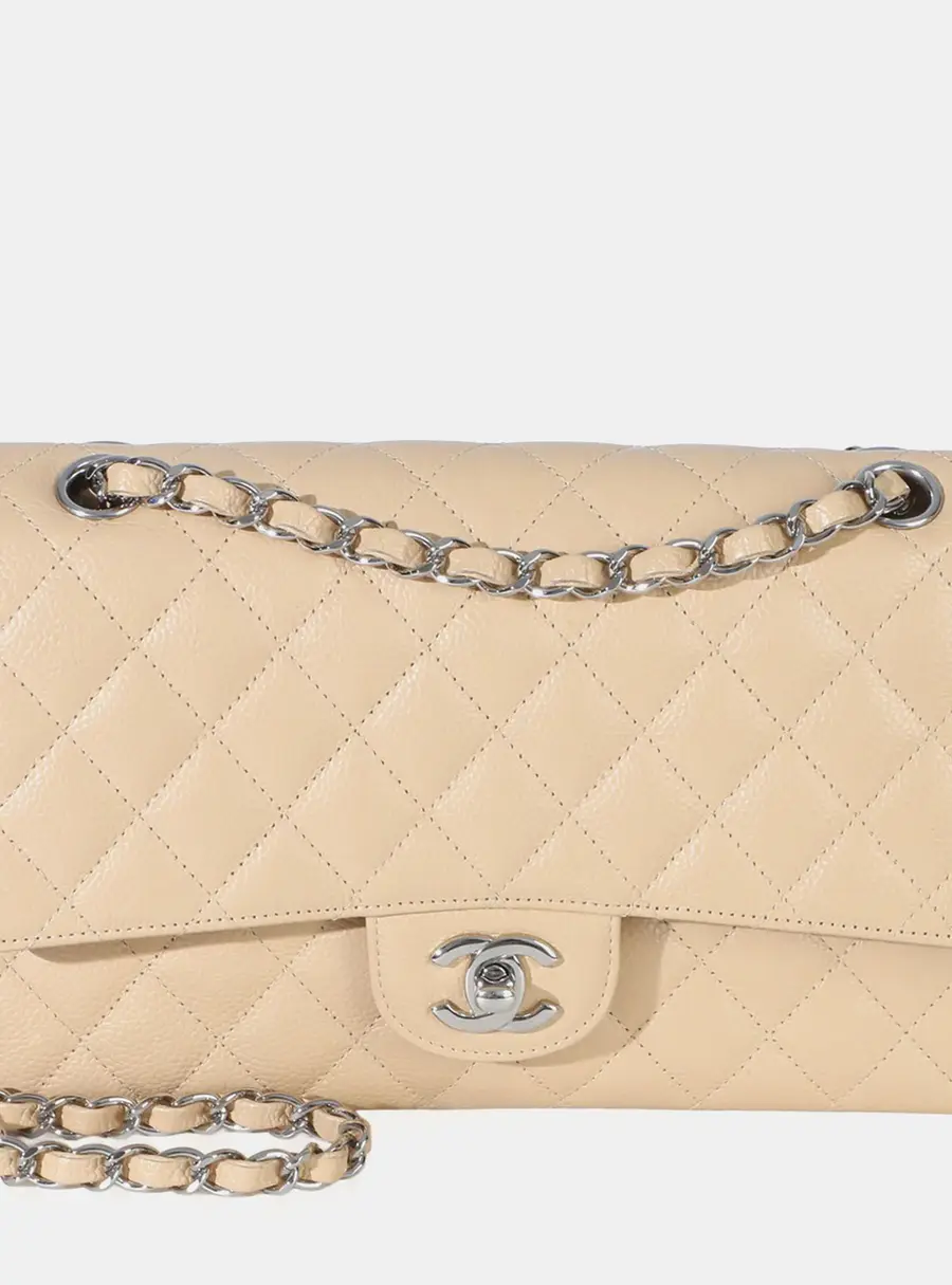 Chanel Classic Double Flap Medium Beige Caviar Leather Shoulder Bag