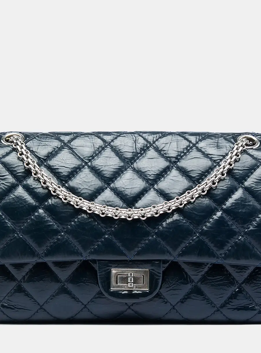 Chanel Reissue 2.55 Double Flap 226 Blue Quilted Crinkled Patent Leather Shoulder Bag