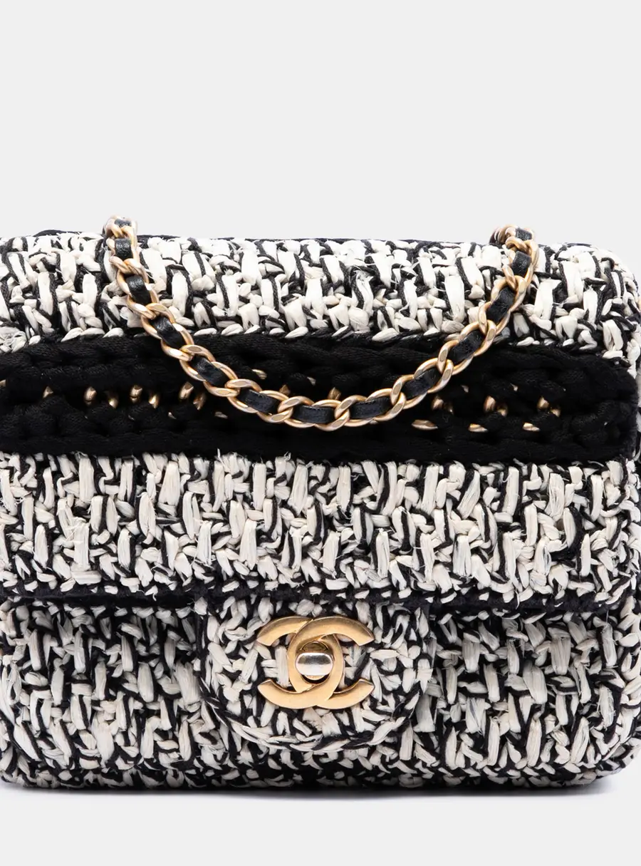 Chanel Braided with Love Mini Black White Raffia Cotton Flap Bag