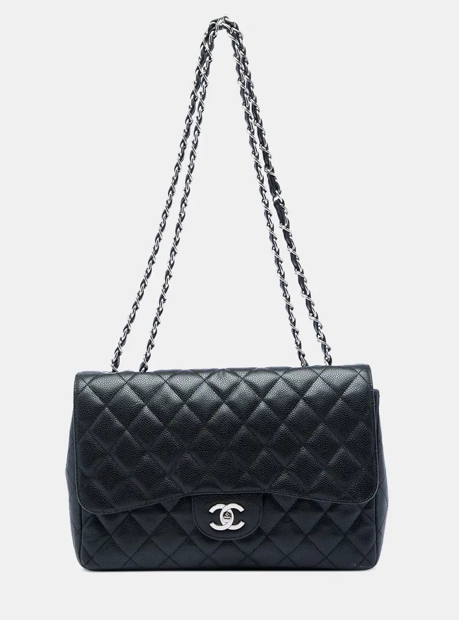 Chanel Jumbo Classic Black Caviar Leather Silver Hardware Single Flap Shoulder Bag