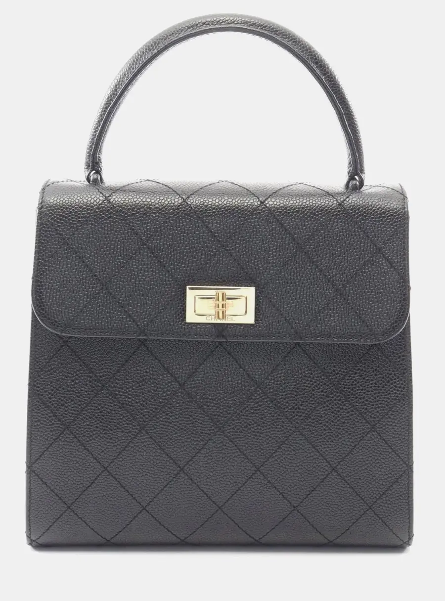 Chanel 2.55 Matelasse Medium Black Grained Caviar Calfskin Leather Top Handle Bag