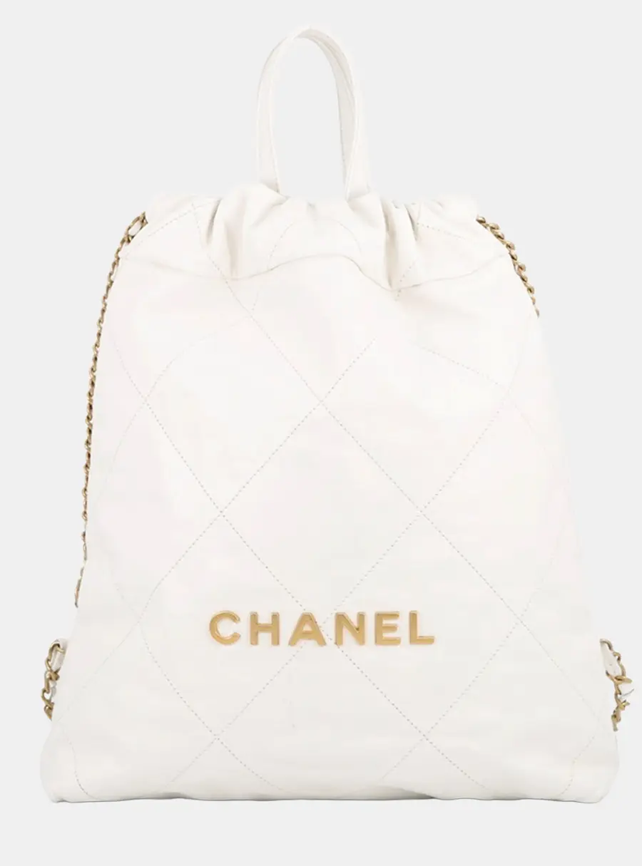 Chanel 22 Small White Shiny Calfskin Leather Gold Hardware Backpack Bag