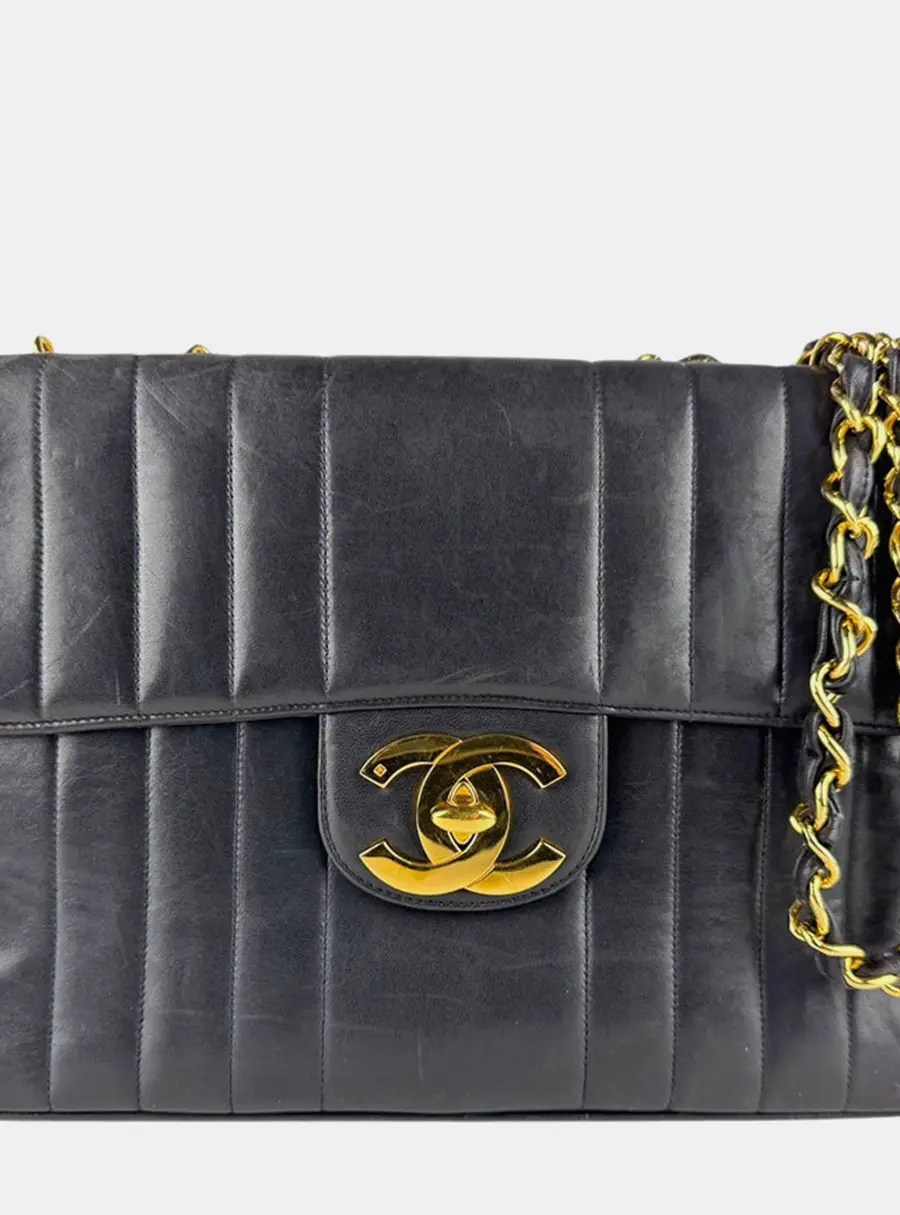 Chanel Vintage Jumbo Single Flap Black Lambskin Leather Shoulder Bag