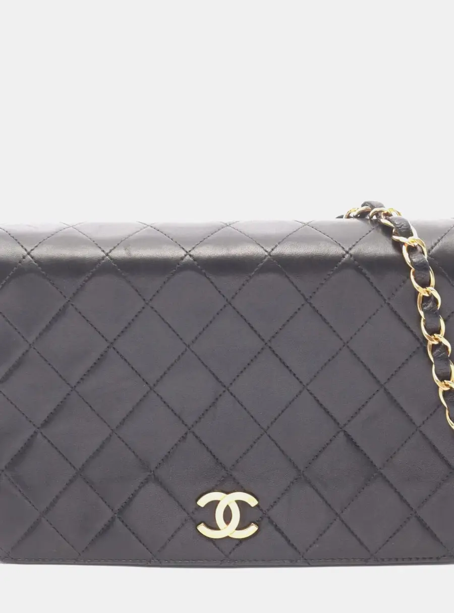 Chanel Vintage Matelasse Full Flap Small Black Lambskin Leather Chain Shoulder Bag