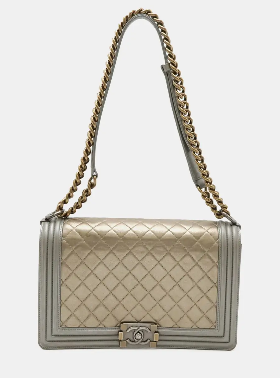Chanel Boy Chanel 28 Gold Gray Calfskin Leather Shoulder Bag