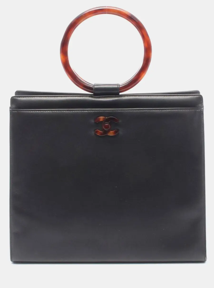 Chanel CC Calfskin Tortoiseshell Handle Black Calfskin Leather Top Handle Bag