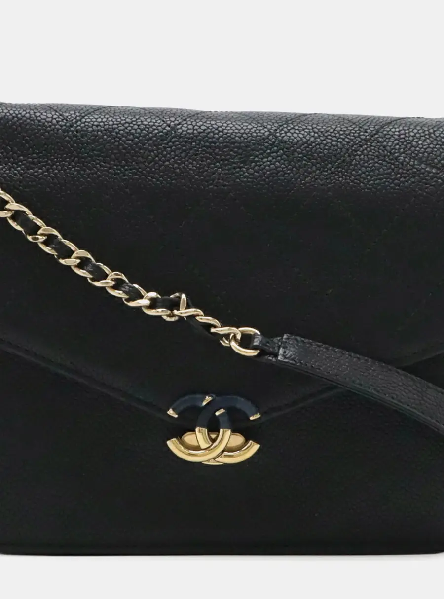 Chanel Paris -Cuba Square Quilted Black Caviar Leather Wallet on Chain Bag