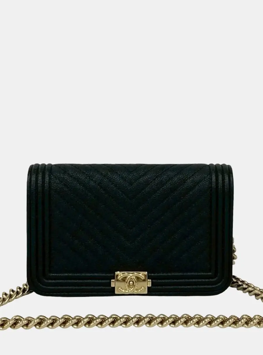 Chanel Boy Chevron Black Caviar Leather Wallet On Chain Bag