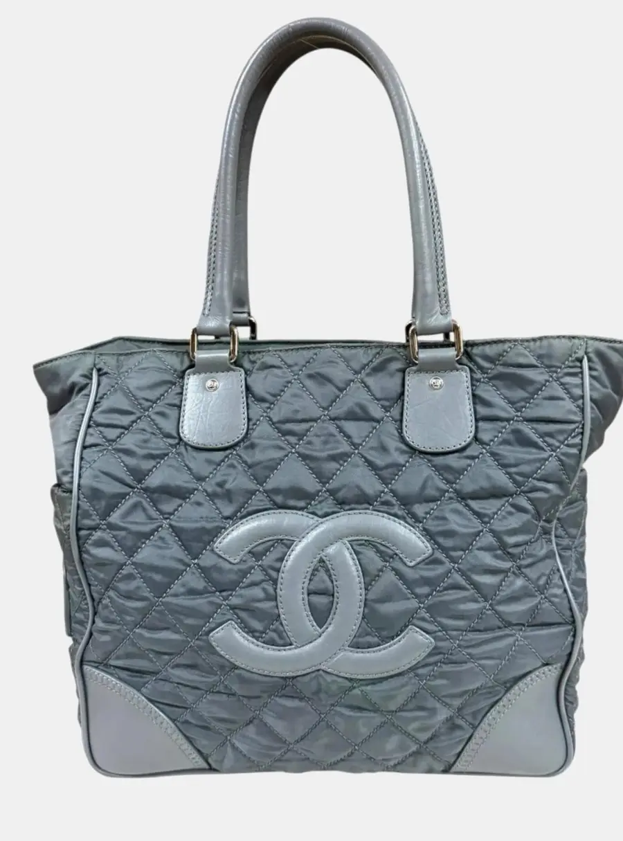 Chanel Paris New York Line Coco Mark Gray Nylon Leather Tote Bag