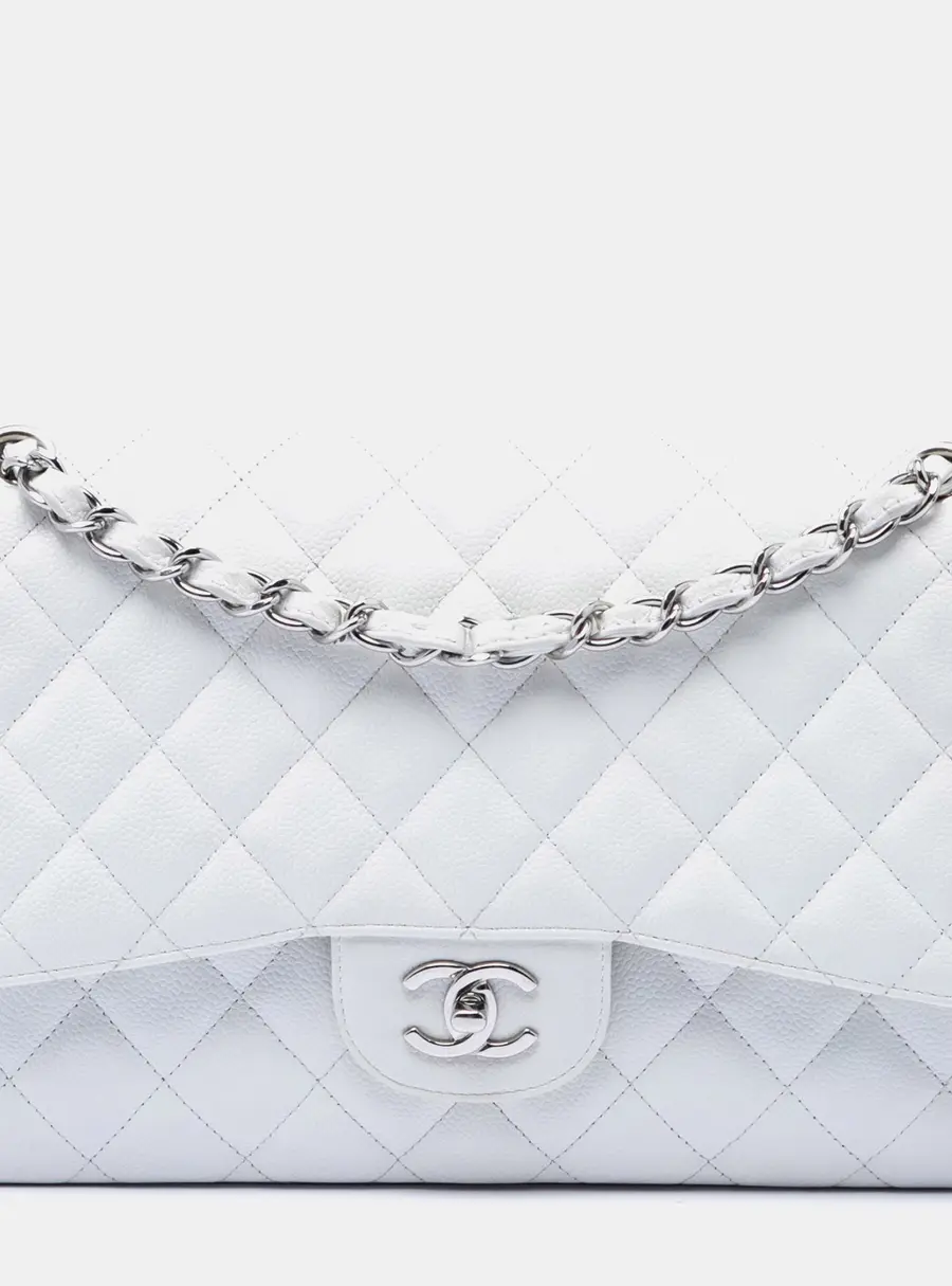 Chanel Jumbo Classic White Grained Caviar Double Flap Shoulder Bag