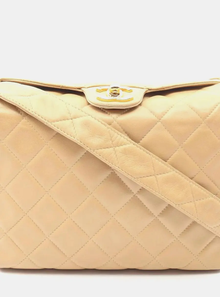 Chanel Vintage Matelasse Medium Beige Lambskin Leather Shoulder Bag
