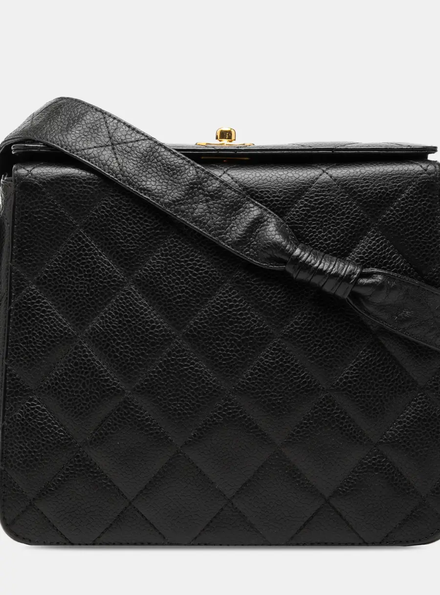 Chanel CC Quilted Caviar Carved Buckle Box Black Caviar Leather Crossbody Bag