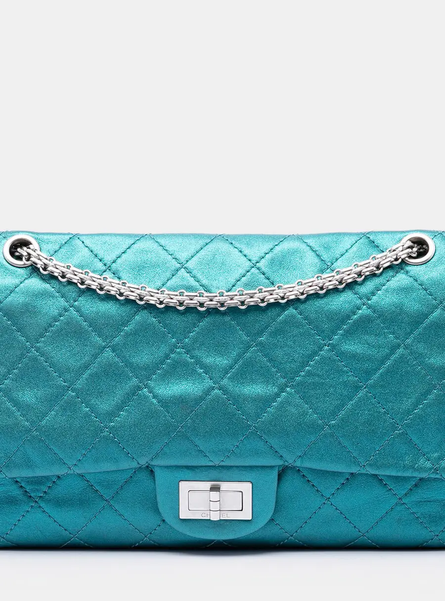 Chanel Reissue 2.55 Double Flap 227 Turquoise Metallic Lambskin Shoulder Bag