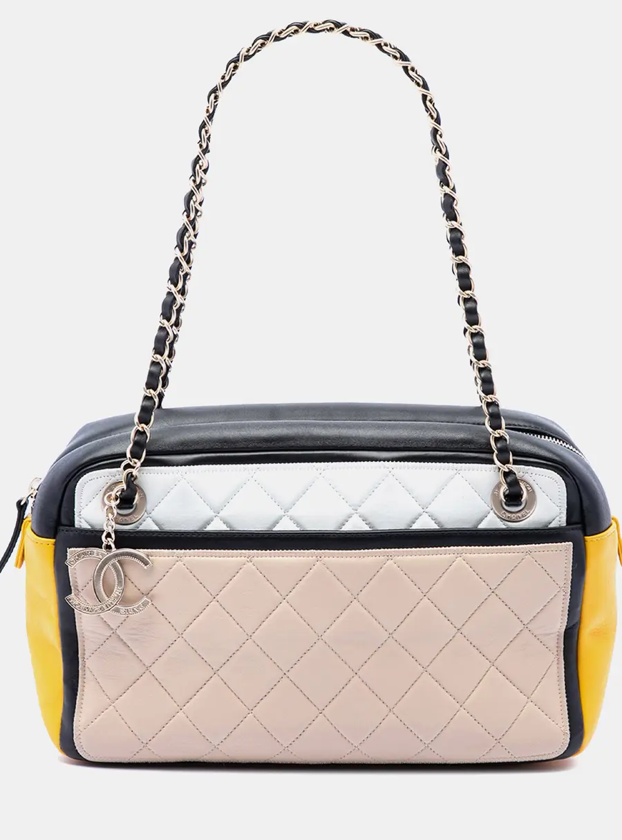 Chanel Graphic Camera Case Large Beige Tricolor Quilted Lambskin Leather Shoulder Bag