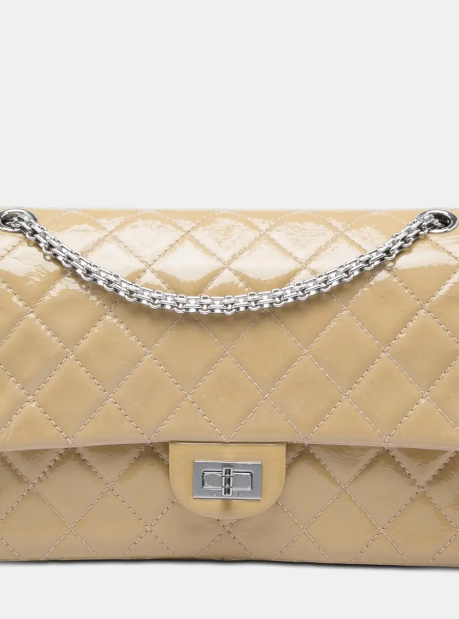Chanel Reissue 2.55 Double Flap 226 Beige Quilted Crinkled Patent Leather Shoulder Bag
