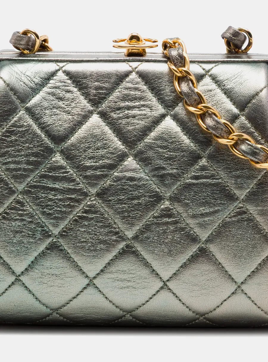 Chanel Mini CC Quilted Metallic Silver Lambskin Frame Crossbody Bag