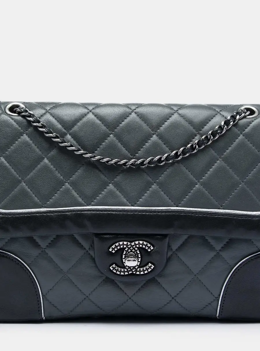 Chanel Paris -Salzburg Medium Grey Black Bicolor Quilted Lambskin Leather Shoulder Flap Bag