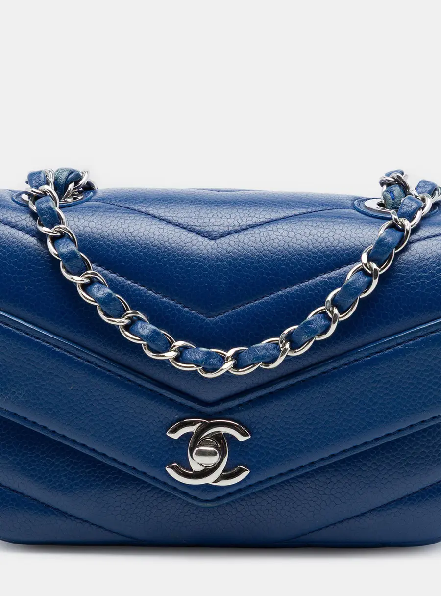 Chanel Data Center Mini Blue Chevron Caviar Leather Crossbody Bag