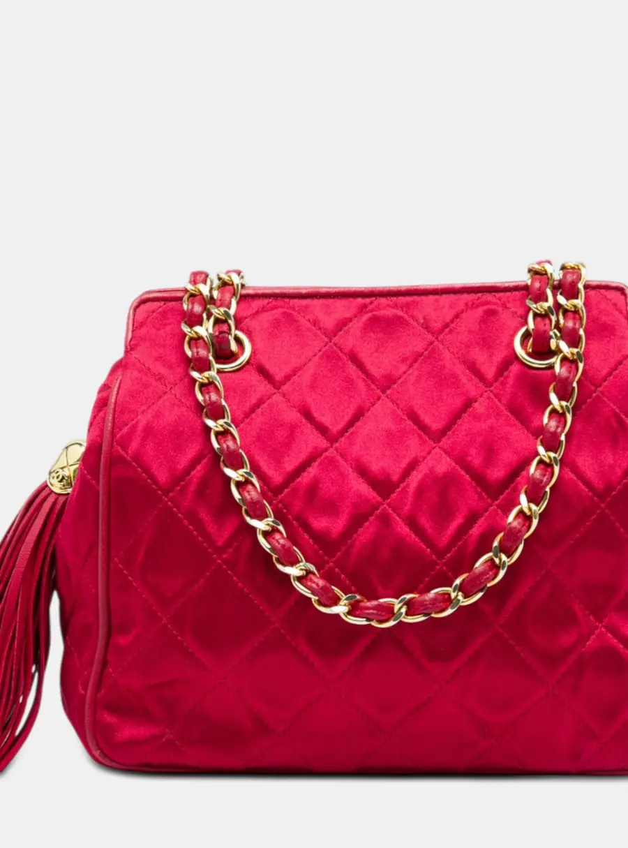 Chanel Vintage CC Quilted Red Satin Tassel Chain Shoulder Bag