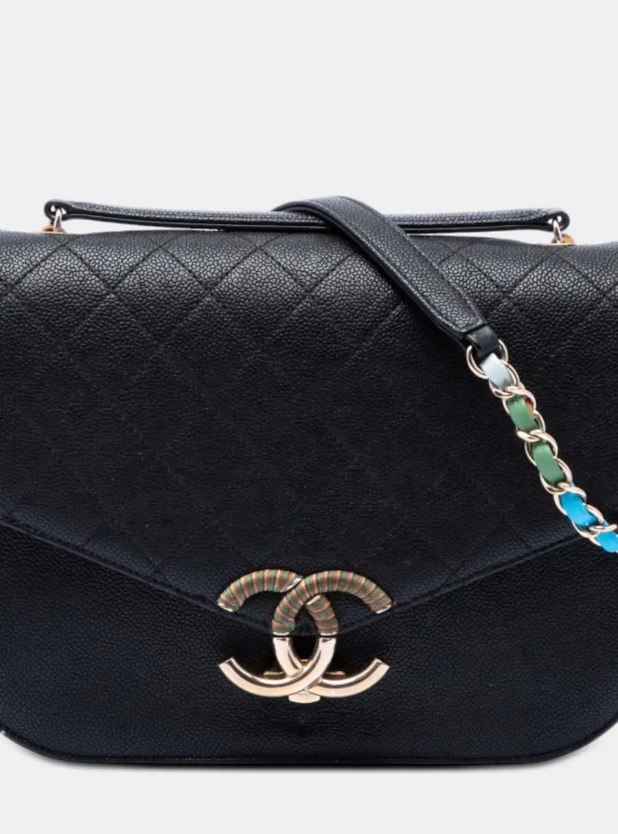 Chanel Paris Cuba Thread Around Medium Black Quilted Caviar Leather Flap Bag