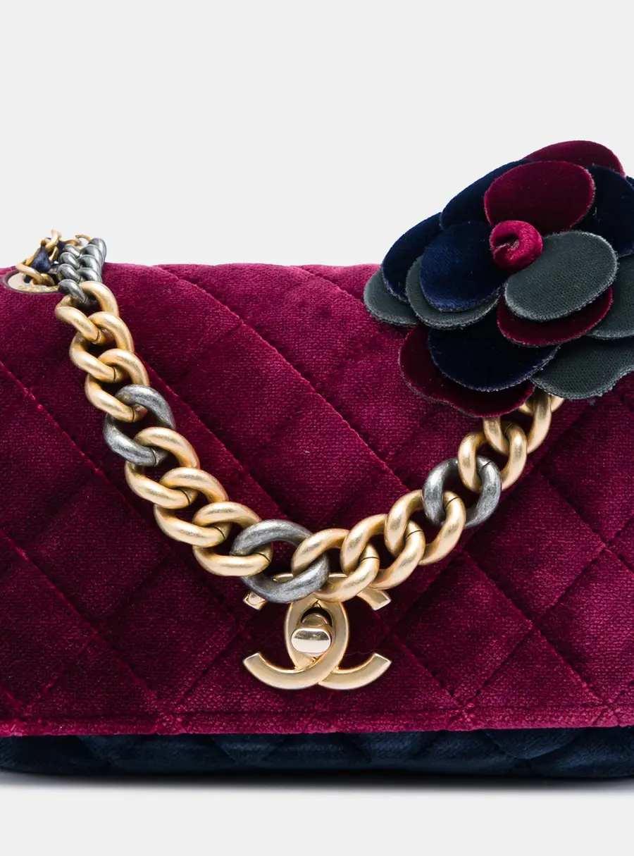 Chanel Paris Cosmopolite Private Affair Small Tricolor Burgundy Navy Black Velvet Camellia Flap Bag