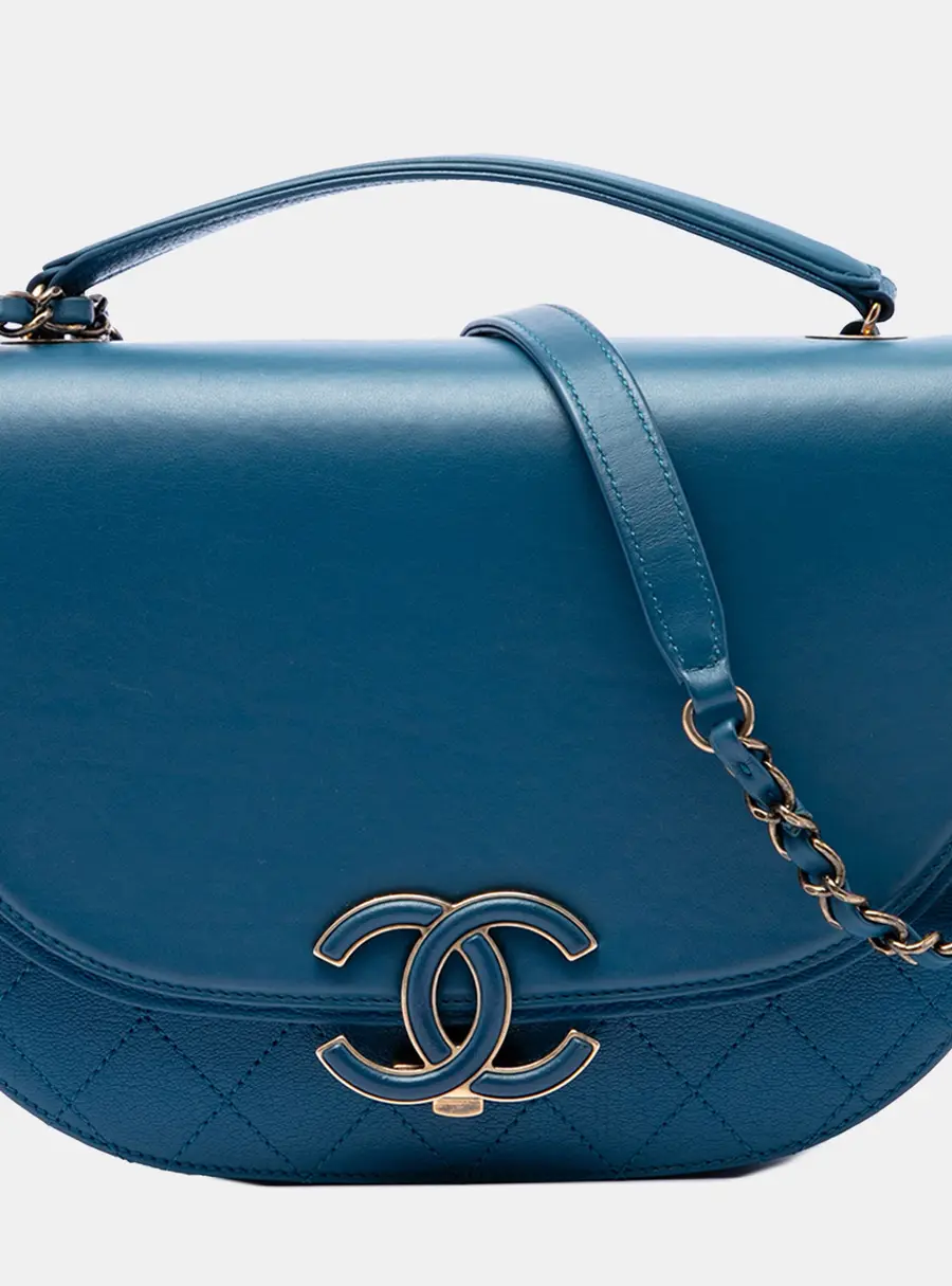 Chanel Coco Curve Medium Blue Shiny Calfskin Quilted Goatskin Flap Bag