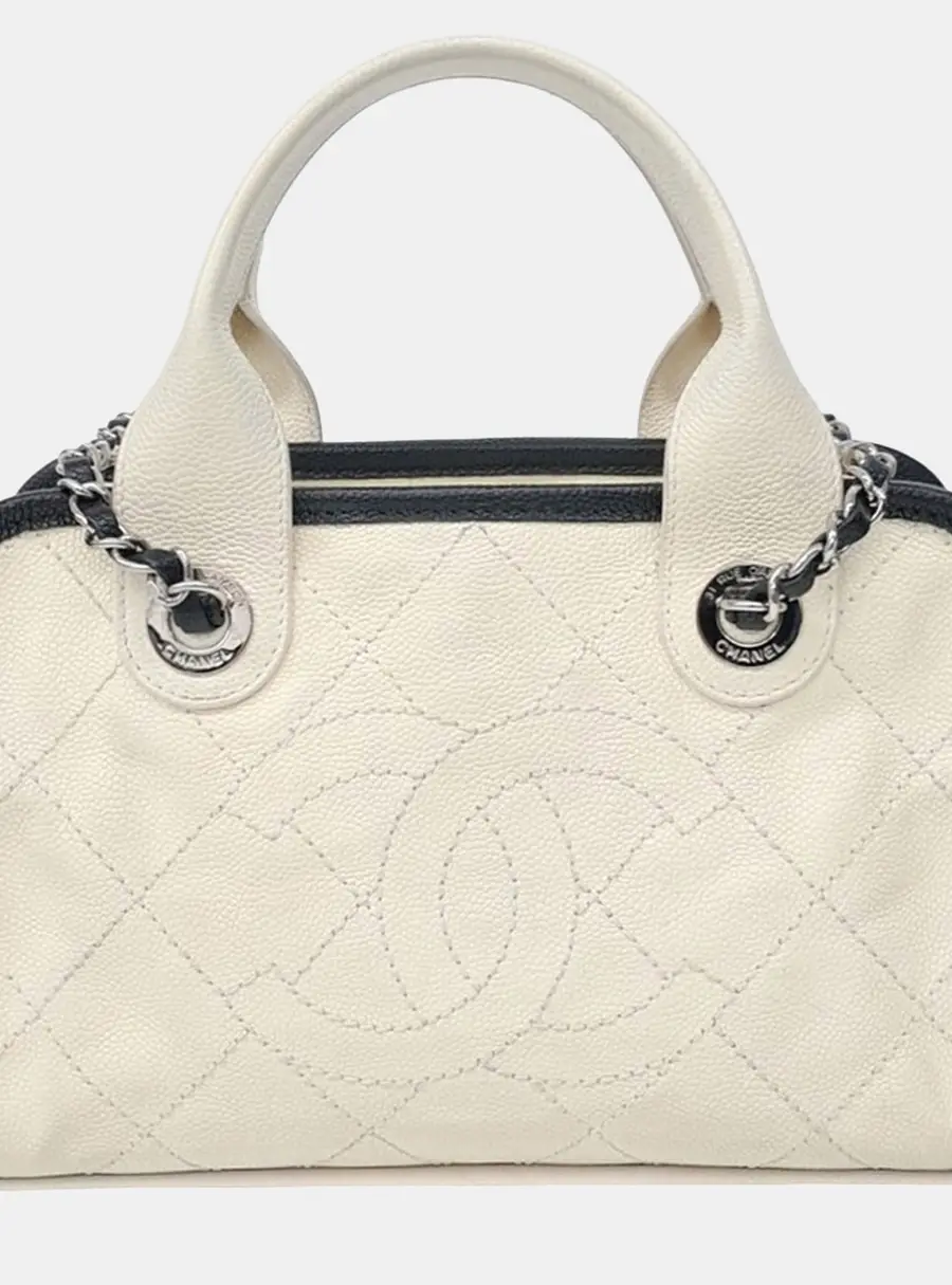 Chanel Bowling Medium Beige Quilted Caviar Leather Tote Bag