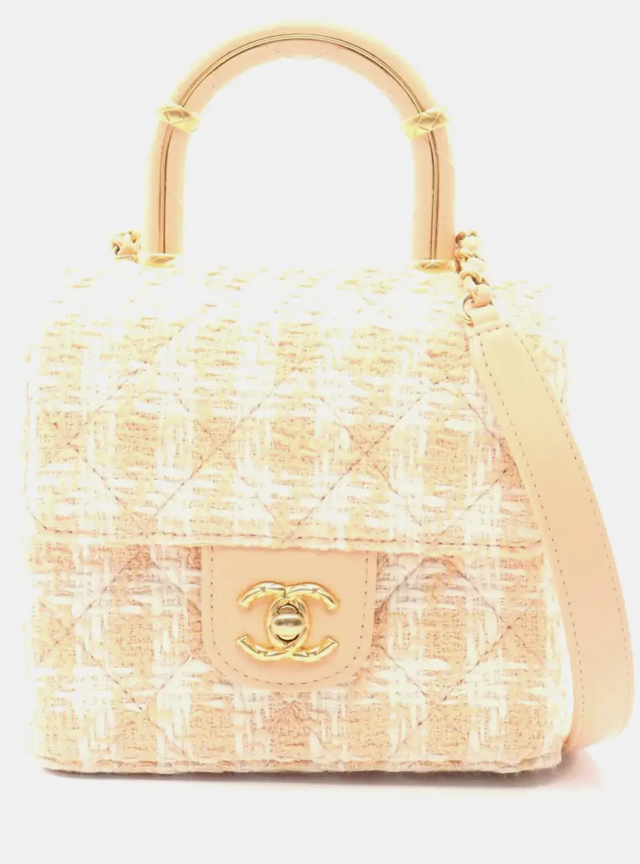 Chanel Pink White Tweed Handle Crush Top Handle Flap Bag