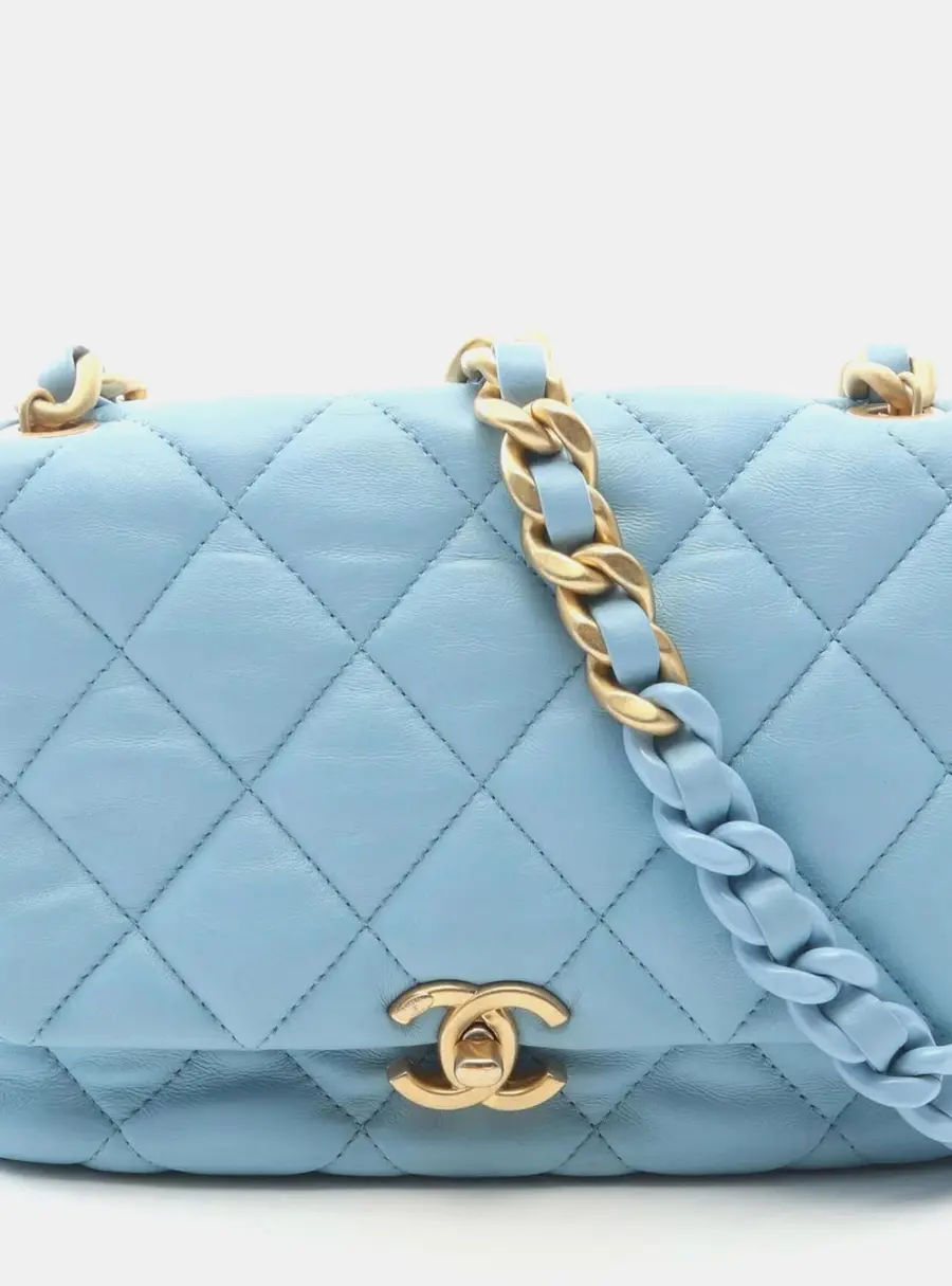 Chanel Lacquered Chain Flap Mini Blue Lambskin Leather Shoulder Bag