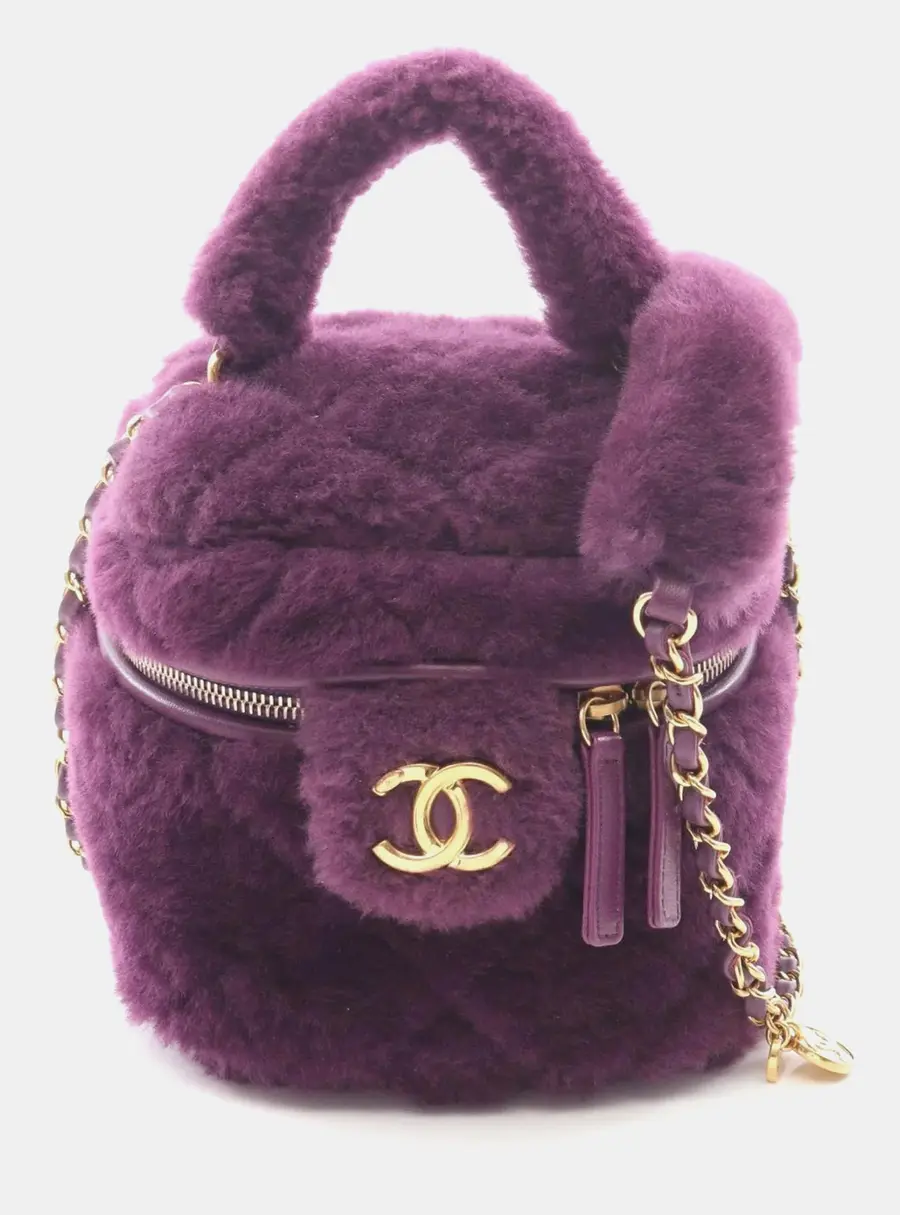 Chanel Quilted Small Purple Shearling Lambskin Leather Top Handle Vanity Bag