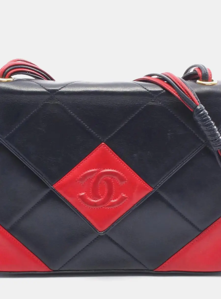 Chanel Coco Mark Diamond Stitch Navy Red Lambskin Leather Shoulder Bag