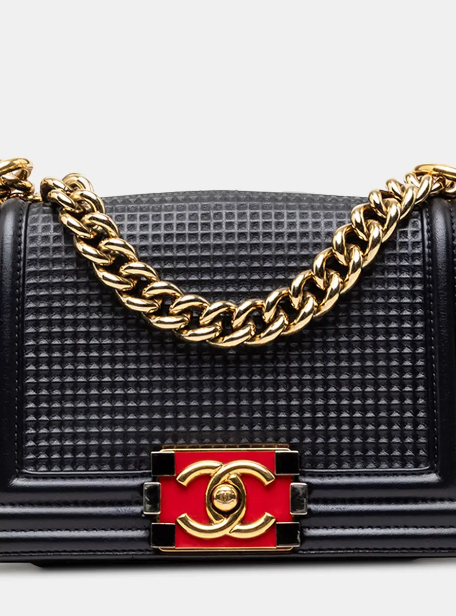 Chanel Boy Medium Navy Blue Cube Embossed Lambskin Leather Shoulder Bag