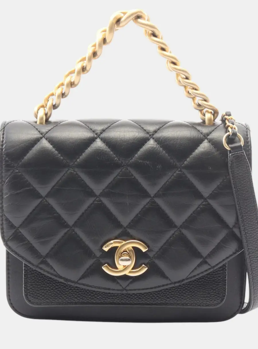 Chanel Mini Quilted Aged Black Calfskin Caviar Chain Handle Flap Shoulder Bag