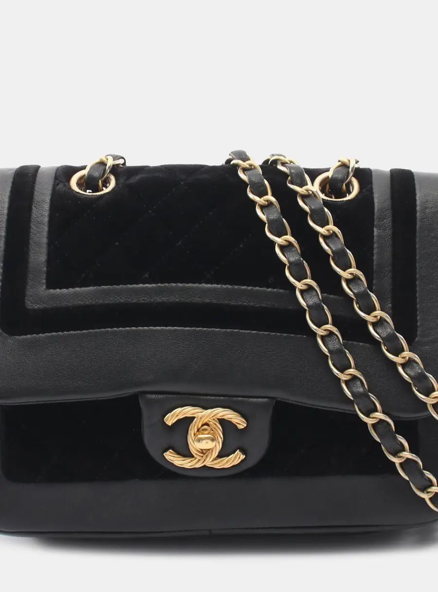 Chanel Paris Cosmopolite Small Black Lambskin Velvet Flap Shoulder Bag