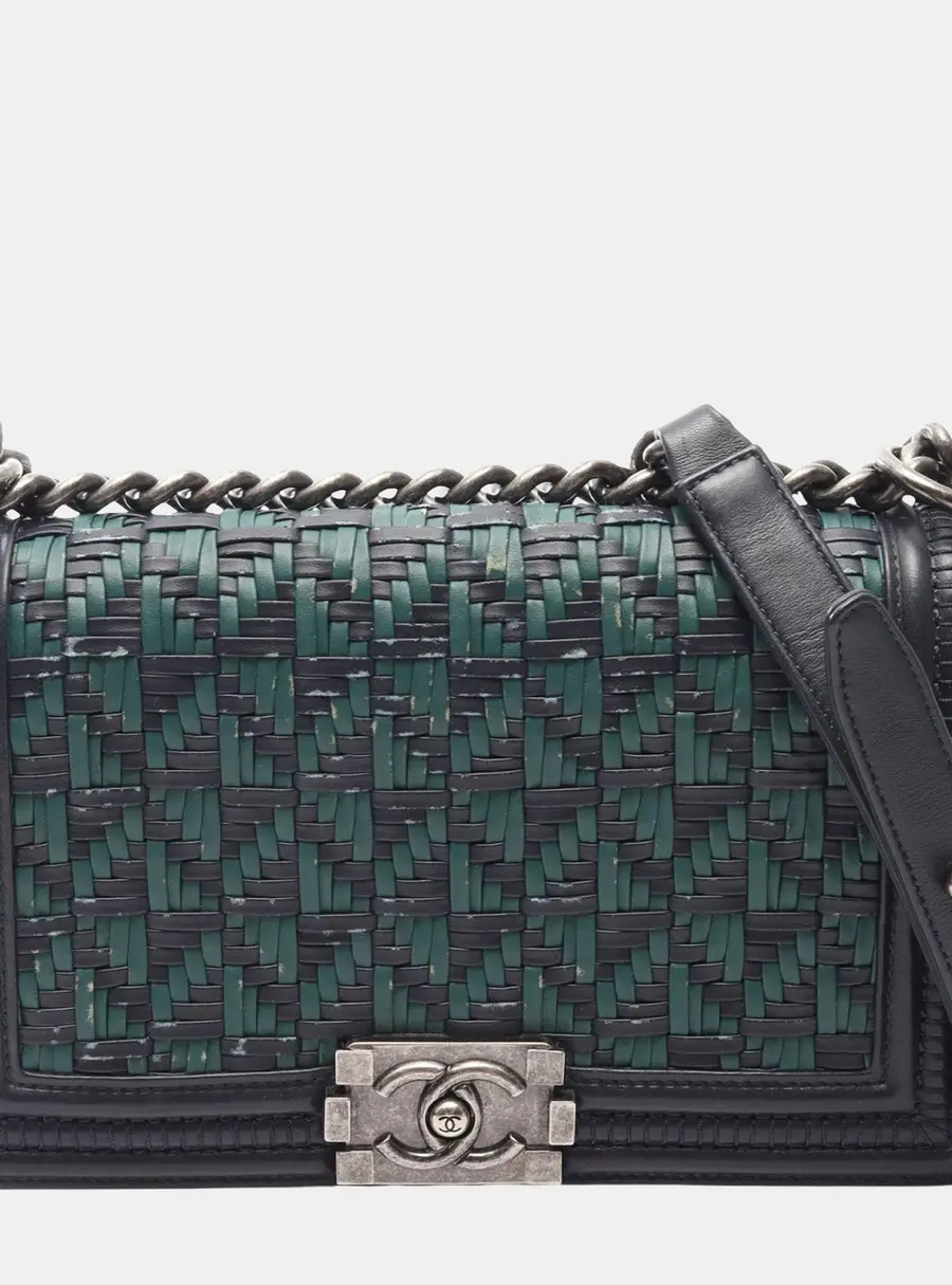 Chanel Boy Old Medium Navy Green Woven Calfskin Leather Shoulder Bag