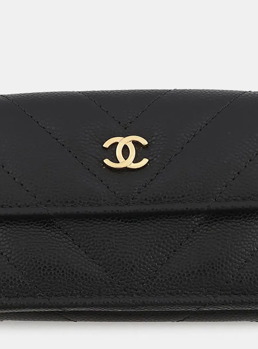 Chanel Chevron Small Black Caviar Leather Compact Wallet Bag